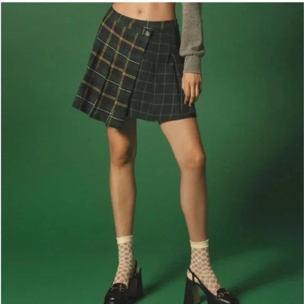 Anthropologie Mare Asymmetrical Green Yellow Tartan Plaid Pleated Mini Skirt M